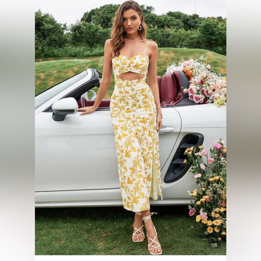 New Yellow Maxi Pencil Skirt with Cut Out and Slit